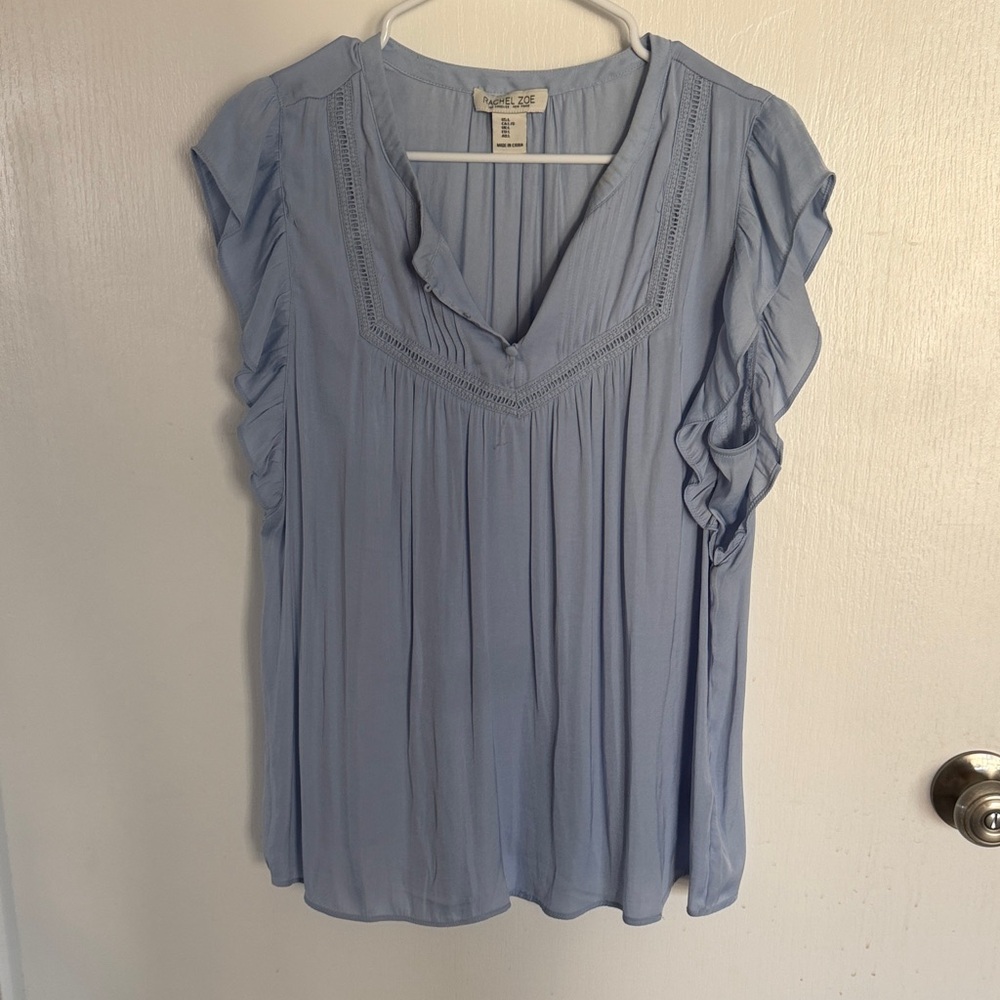 Rachel Zoe Powder Blue Ruffle Sleeve V-Neck Blouse